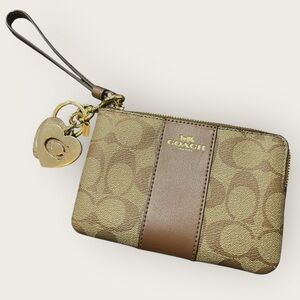 COACH Signature Jacquard Wristlet | Brown Tan | Heart Keychain Gold Hardware